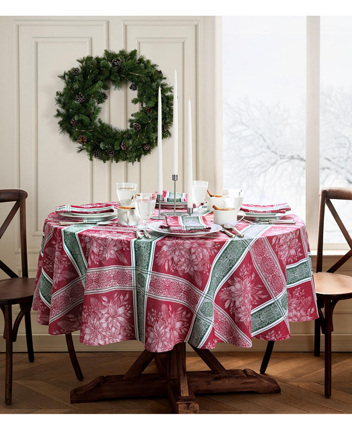 Elrene Poinsettia Plaid Jacquard Plaid Tablecloth 70 Round