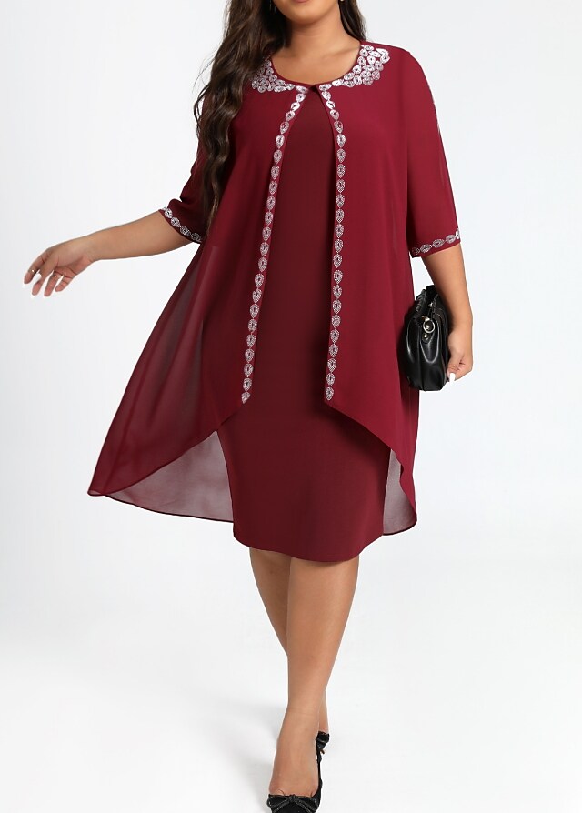 Women's Plus Size Dress Set Pure Color Round Neck Dress