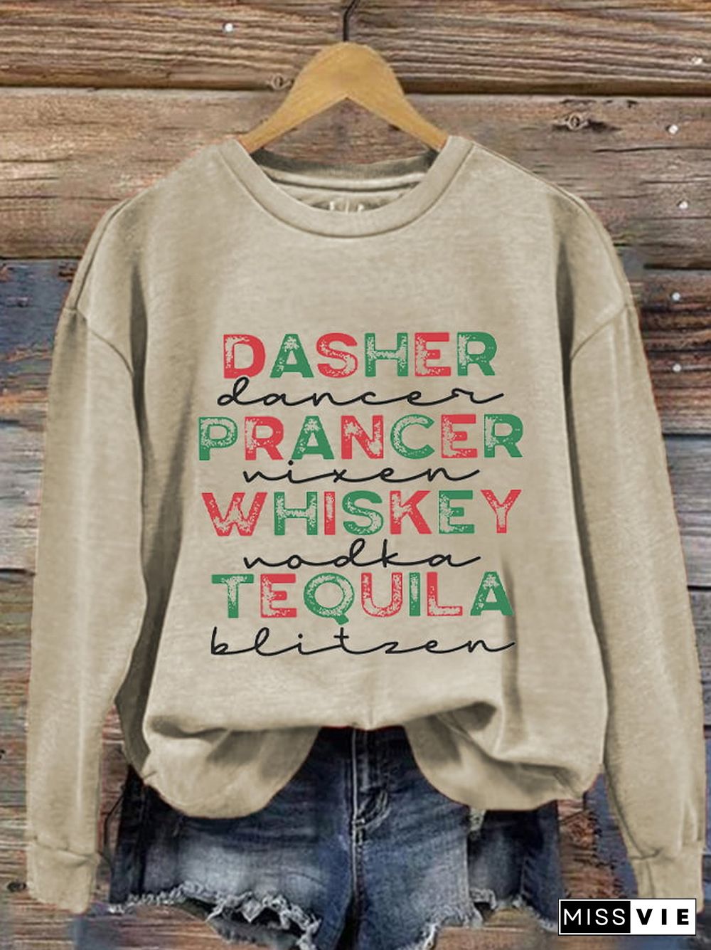 Women's Funny Christmas Dasher Dancer Prancer Vixen Comet Cupid Donner Blitzen Rudolphr Printed Sweatshirt