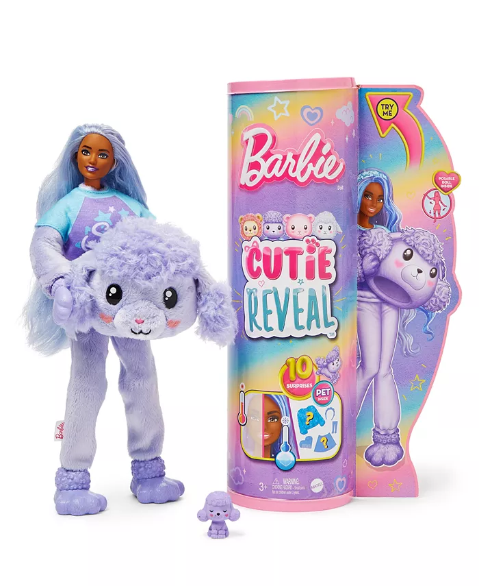 Barbie Cutie Reveal Doll and Accessories Cozy Cute T-shirts Poodle Star T-shirt Blue and Purple Streaked Hair Brown Eyes