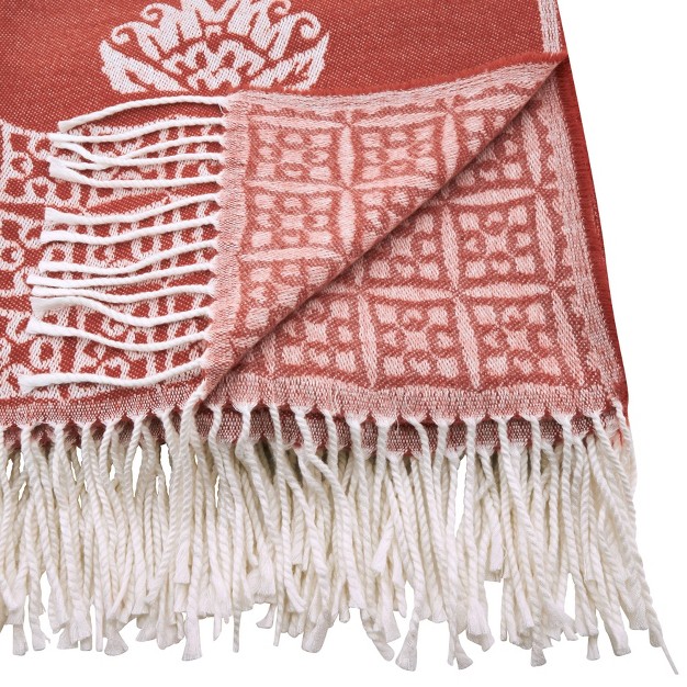 Medallion Design Throw Blanket With Fringe Edges Persimmon Saro Lifestyle