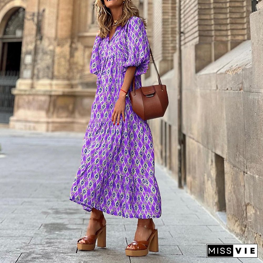 Short Sleeved Medium Length Bohemian Print Dress