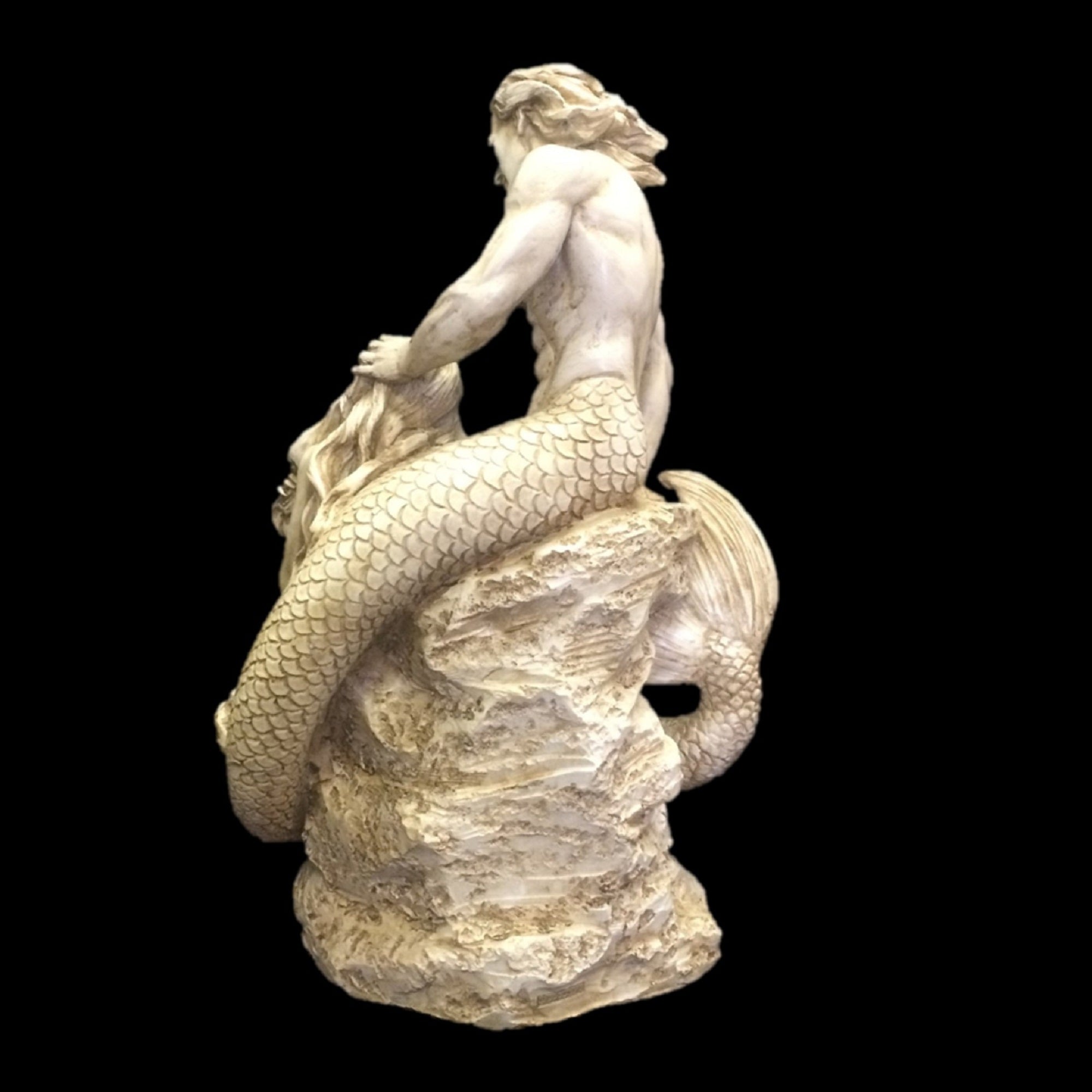 Homestyles 18 in. Sexy Merman & Mermaid on the Oceans Rock in Antique White Finish Nautical Garden Beach Statue