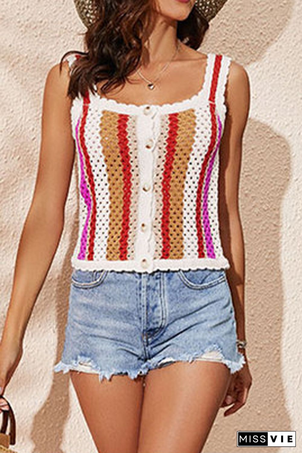 Button Down Multicolor Striped Knit Cami Top