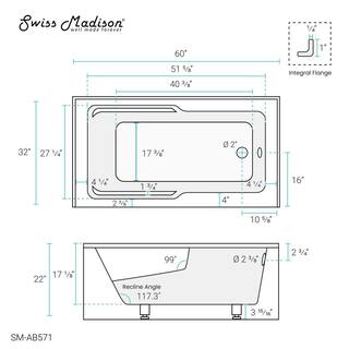 Swiss Madison Claire 60 in. Acrylic Right-Hand Drain Rectangular Alcove Bathtub in Glossy White SM-AB571