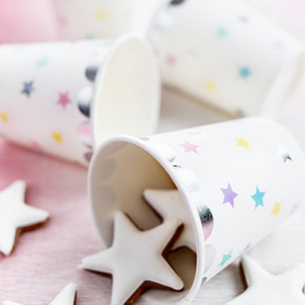 Pastel and Silver Star Paper Cups Set of 6 Unicorn Xmas Party