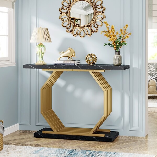 40 Inch Modern Gold Console Table， Faux Marble Entryway Table for Living Room