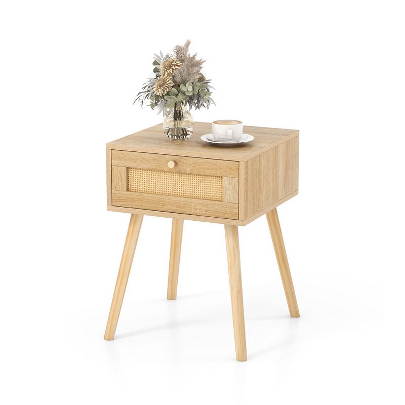 Modern Rattan Nightstand with Drawer and Solid Wood Legs for Bedroom and Living Room