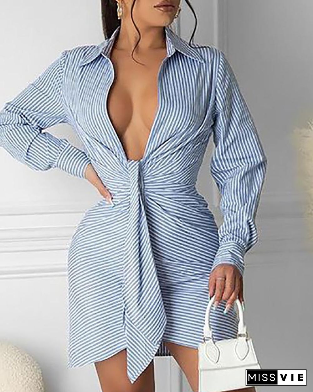 Striped Print Tie Front Long Sleeve Shirt Dress