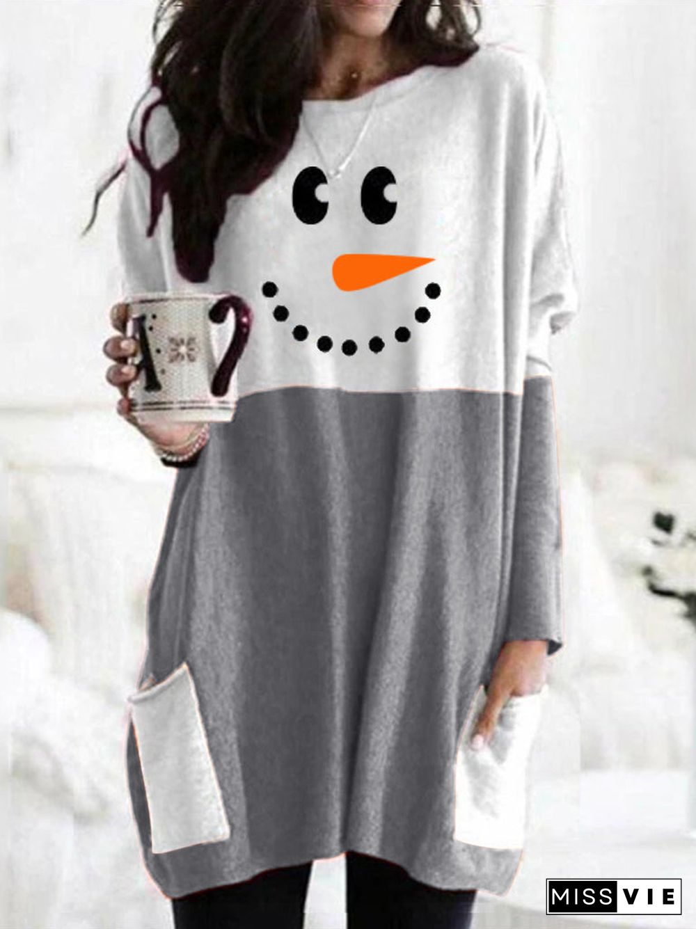 Merry Christmas Snowman Print Long Sleeve Dress