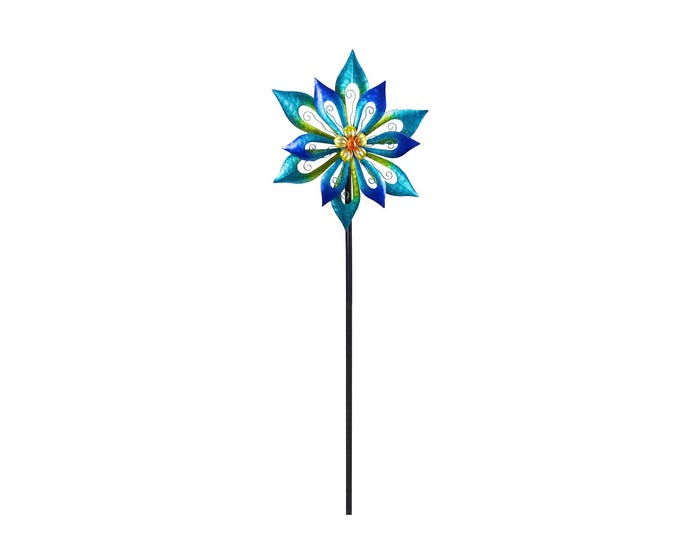 Alpine Metal Turquoise Flower Wind Spinner Garden Stake - SLL2336