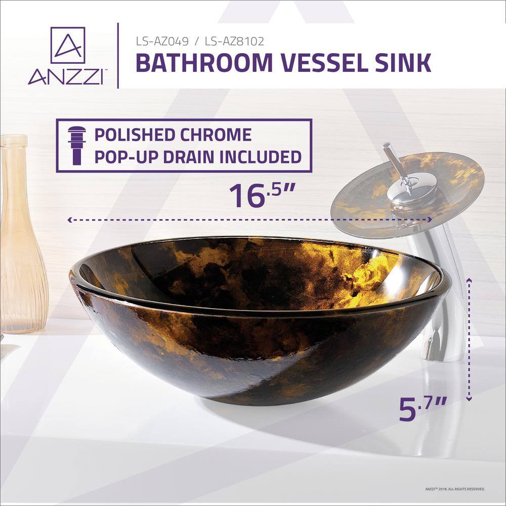 ANZZI Toa Deco-Glass Vessel Sink in Kindled Amber with Matching Chrome Waterfall Faucet LS-AZ8102