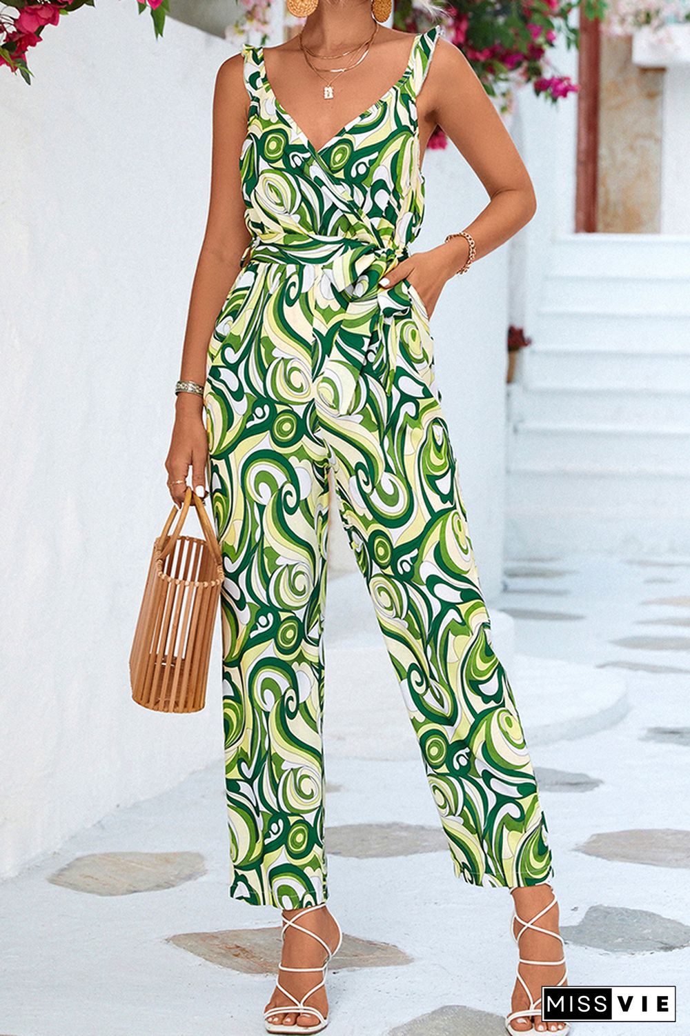 V Neck Ruffles Strap Printed Sleeveless Jumpsuit