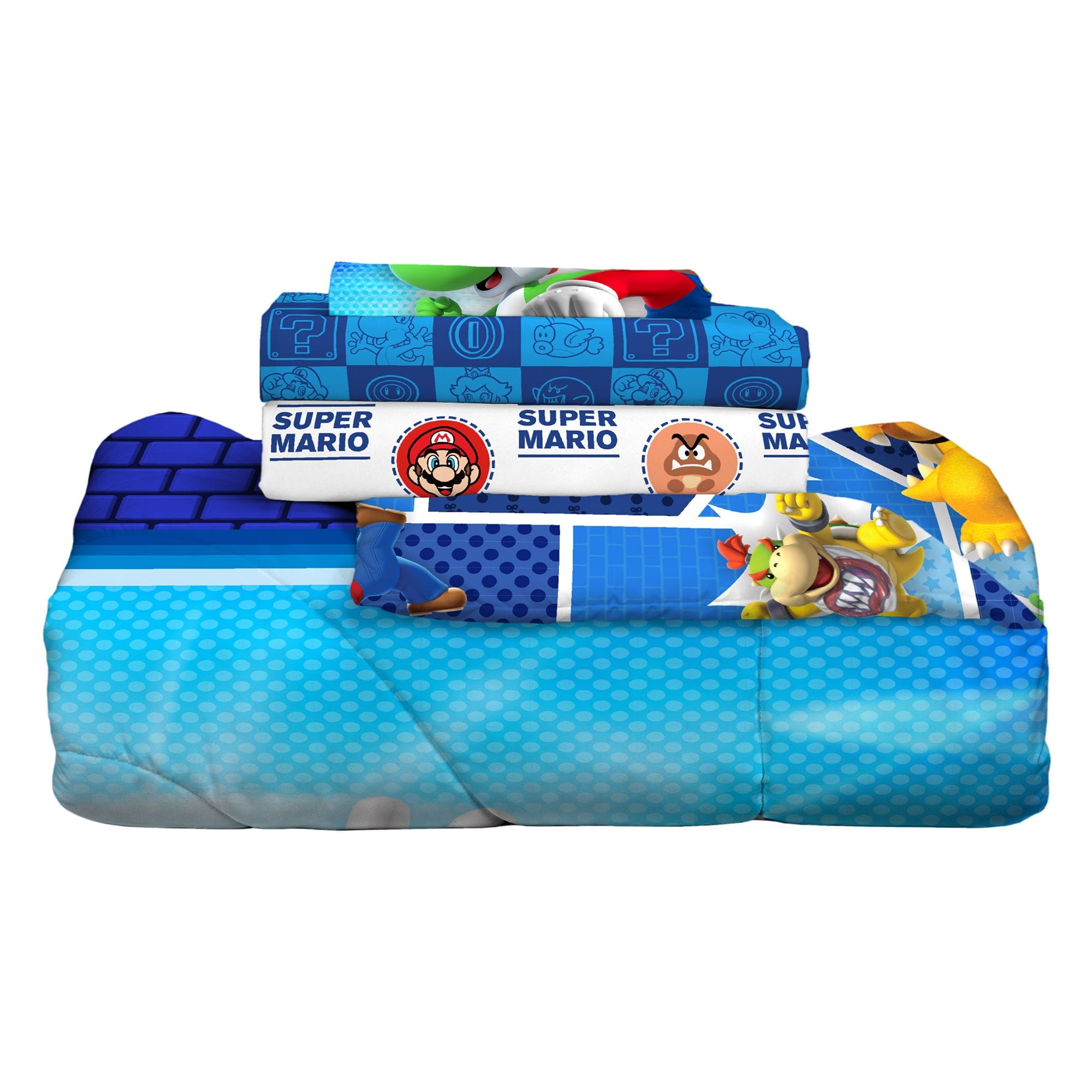 Super Mario Kids Twin Bed in a Bag, Gaming Bedding, Comforter and Sheets, Blue, 