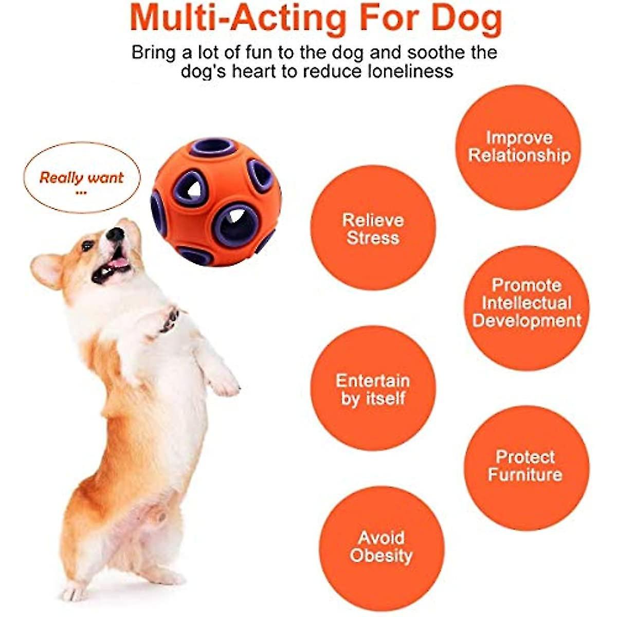 Bduk Dog Ball Interactive Dog Toy With Small Bell Durable Rubber Ball Iq Treat Ball Puzzle Toy Bounce Wobble Wag Ball Double Layer Structure Food Disp