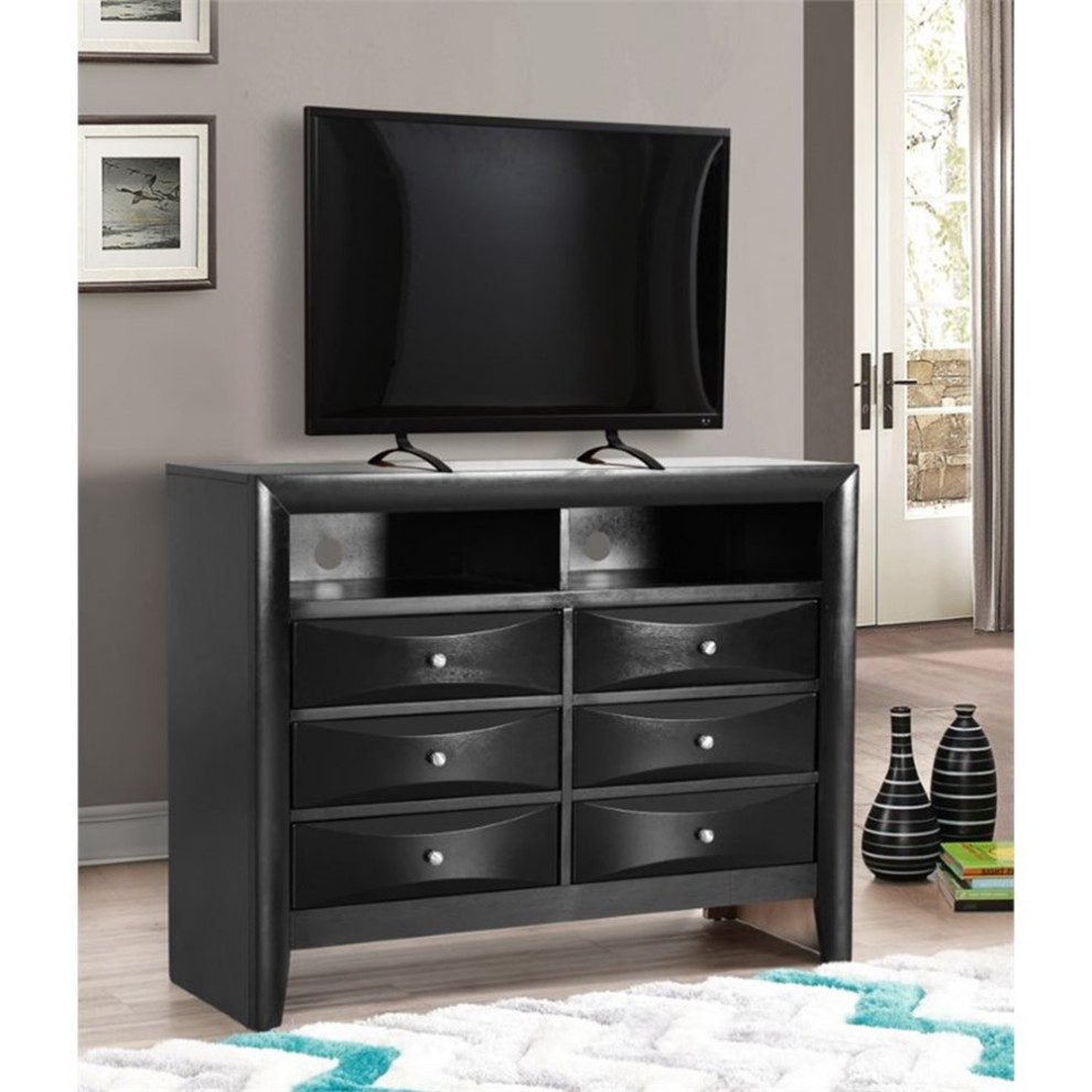 Maklaine Modern 6 Drawer Wood TV Stand for TVs up to 47 quotin Black   Transitional   Entertainment Centers And Tv Stands   by Homesquare  Houzz