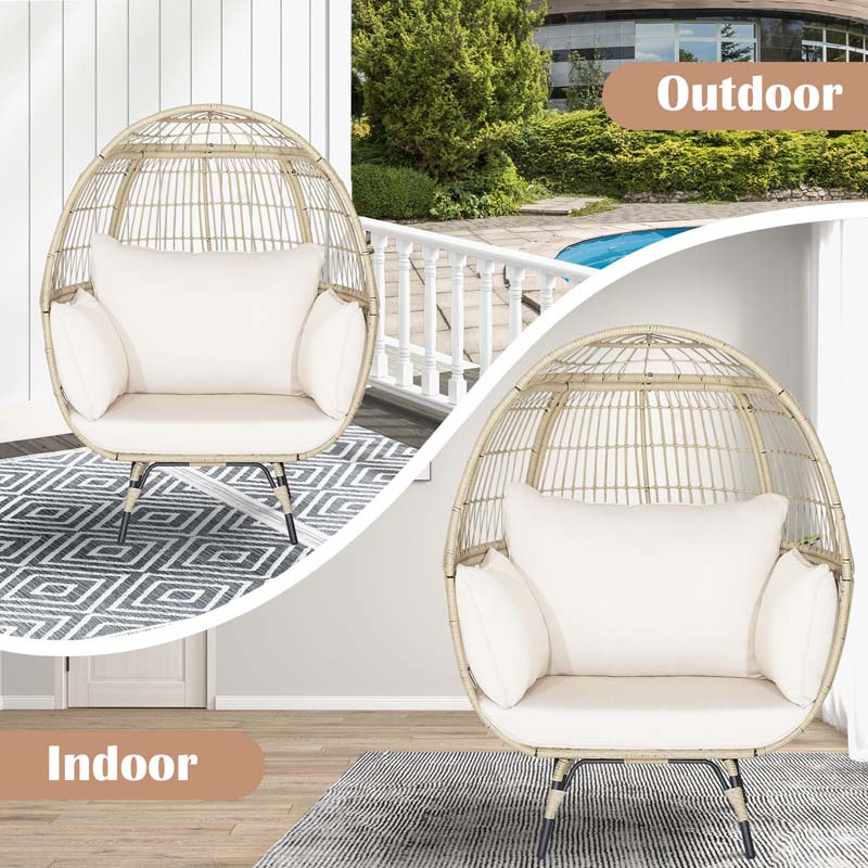 Oversized Wicker Egg Chair with 4 Cushions, Steel Frame Basket Chair Indoor Outdoor Patio Lounge Chair