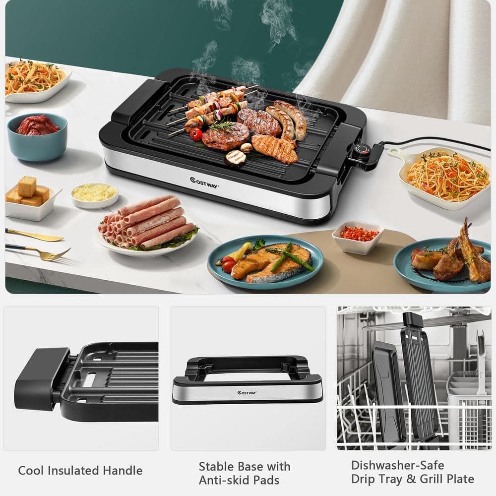 Costway 270 sq. in. 1500-Watt Stainless Steel Smokeless Indoor Grill Electric Griddle with Non-stick Cooking Plate EP24926US