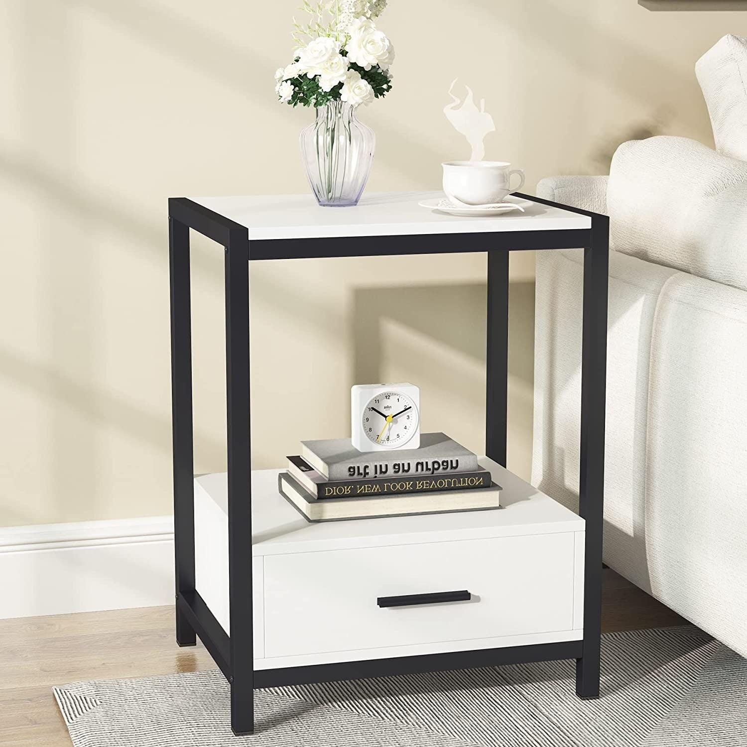 Industrial End Table with Drawer and Storage Shelves， Side Table and Nightstands