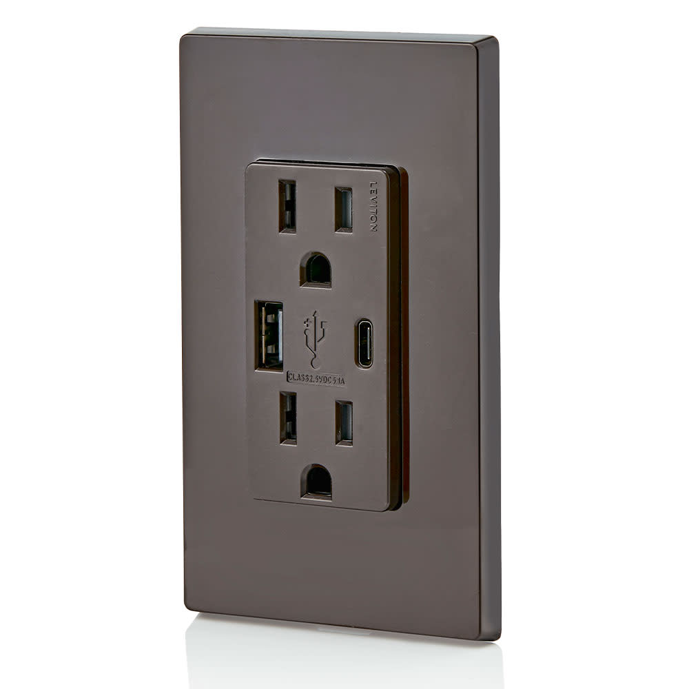 Leviton Outlet with USB Type A/C Charger 15A 125V 5-15R Brown