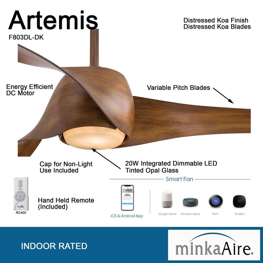 MINKA-AIRE Artemis 58 in. Integrated LED Indoor Distressed Koa Ceiling Smart Fan with Light and Remote Control F803DL-DK