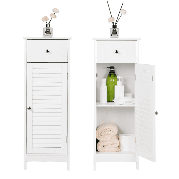 SmileMart Wooden Storage Floor Cabinet with Drawer and Single Shutter Door for Bathroom Living Room, White