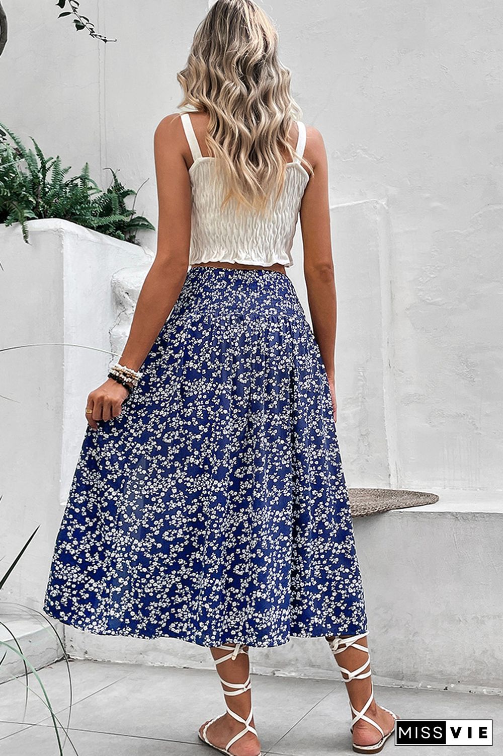 Navy Floral Smocked Waist Side Split Maxi Skirt