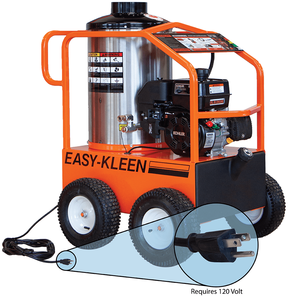 COMMERCIAL HOT WATER GAS PRESSURE WASHER, 6.5 HP RECOIL START KOHLER, 3 GPM @ 2700 PSI, 120 VOLT OIL FIRED BURNER, 300000 BTU