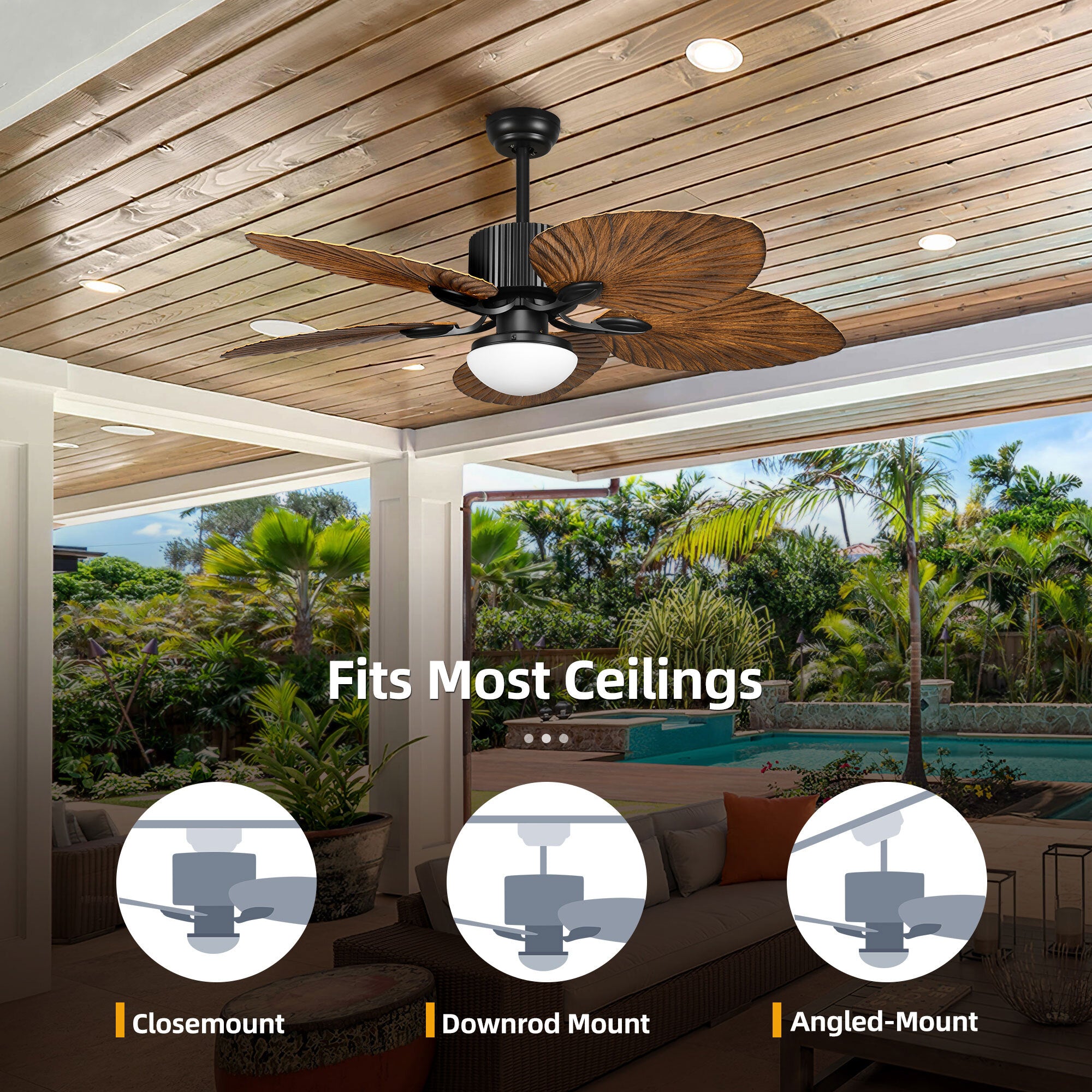 YITAHOME 52 inch Tropical Ceiling Fans with LED Light and Remote， Fan Light with Memory Function， 3 Speed and Lights Colors Changing， 5 blades