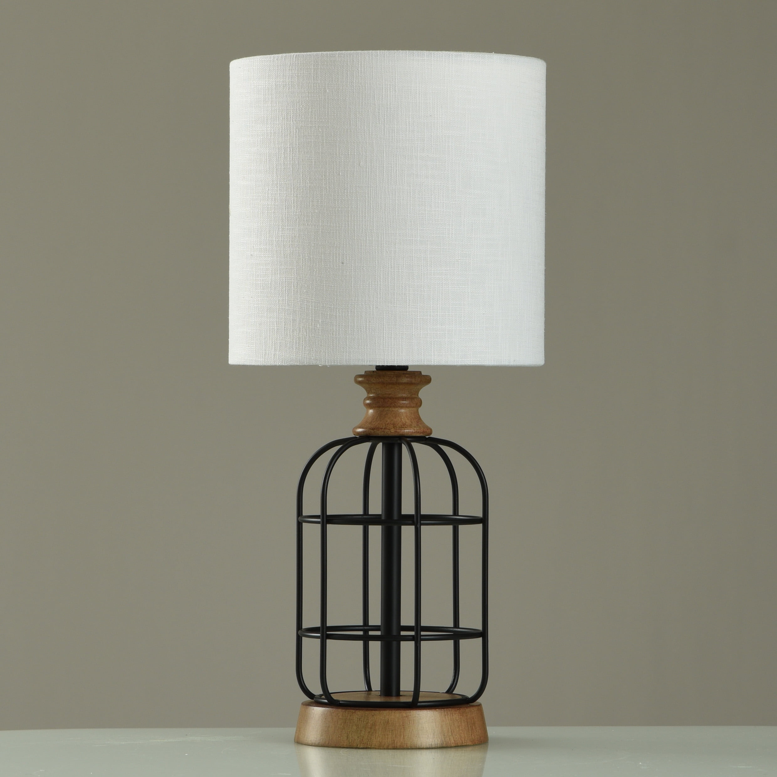 Mainstays Black Metal Cage Table Lamp with Wood Accents and Drum Shade， bulb included， 17