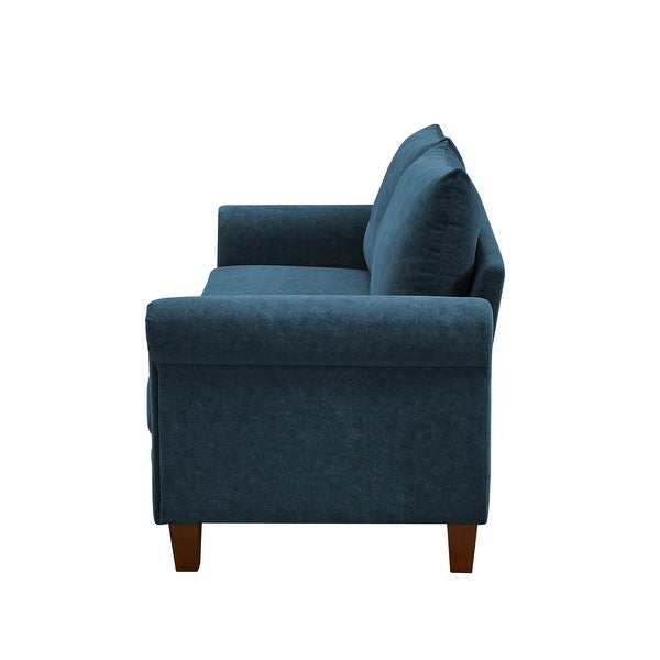 Round Arm Three-Seater Fabric Sofa In Blue Frosted Cat Paw Cloth， Solid Wood Frame - Eucalyptus