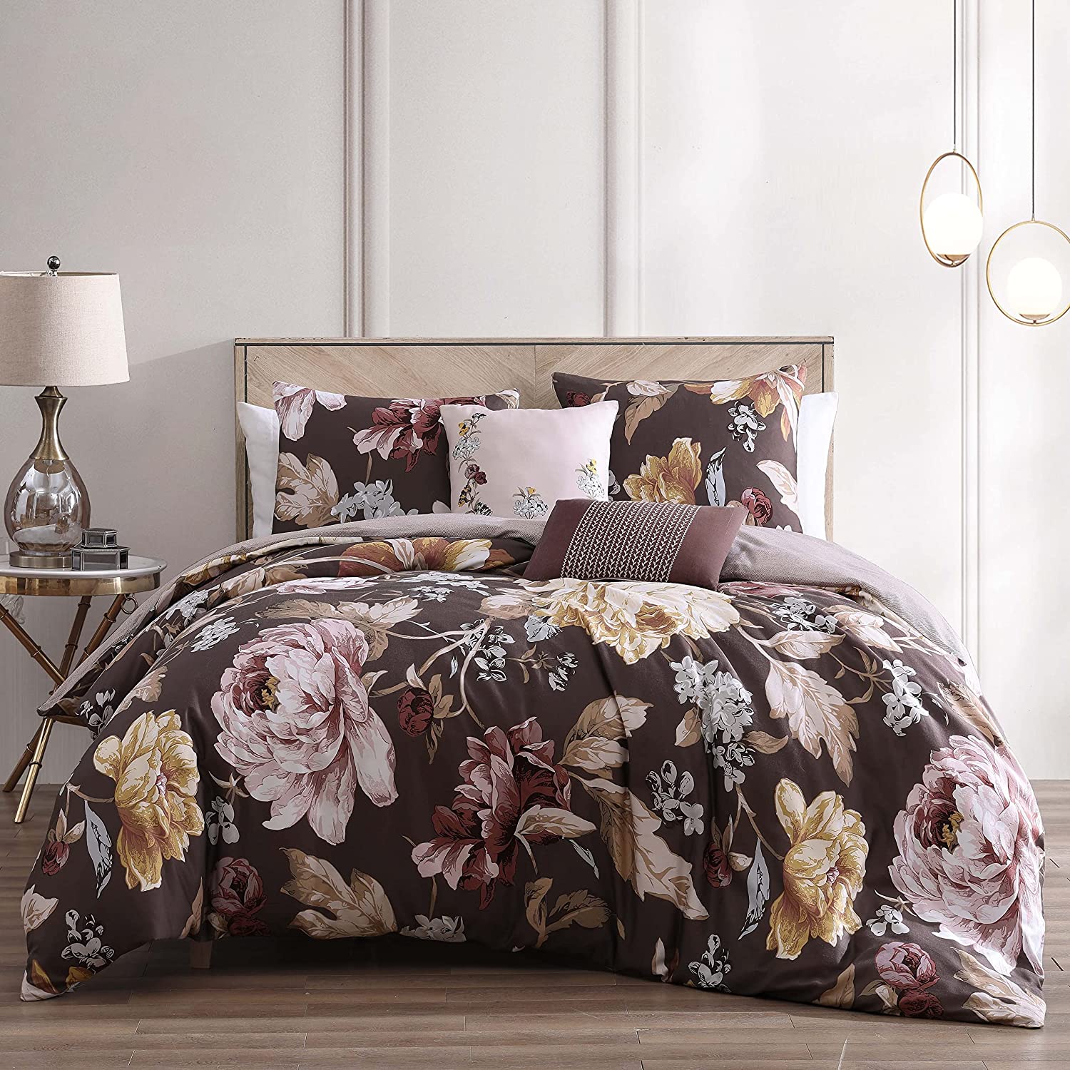 GEROBOOM Floral Garden 100% Cotton 5 Piece Comforter Set  Brown Floral Pattern Print Reversible All Seasons Soft Comforter Bedding Set  2 Shams  2 Pillows (King/Cal King)