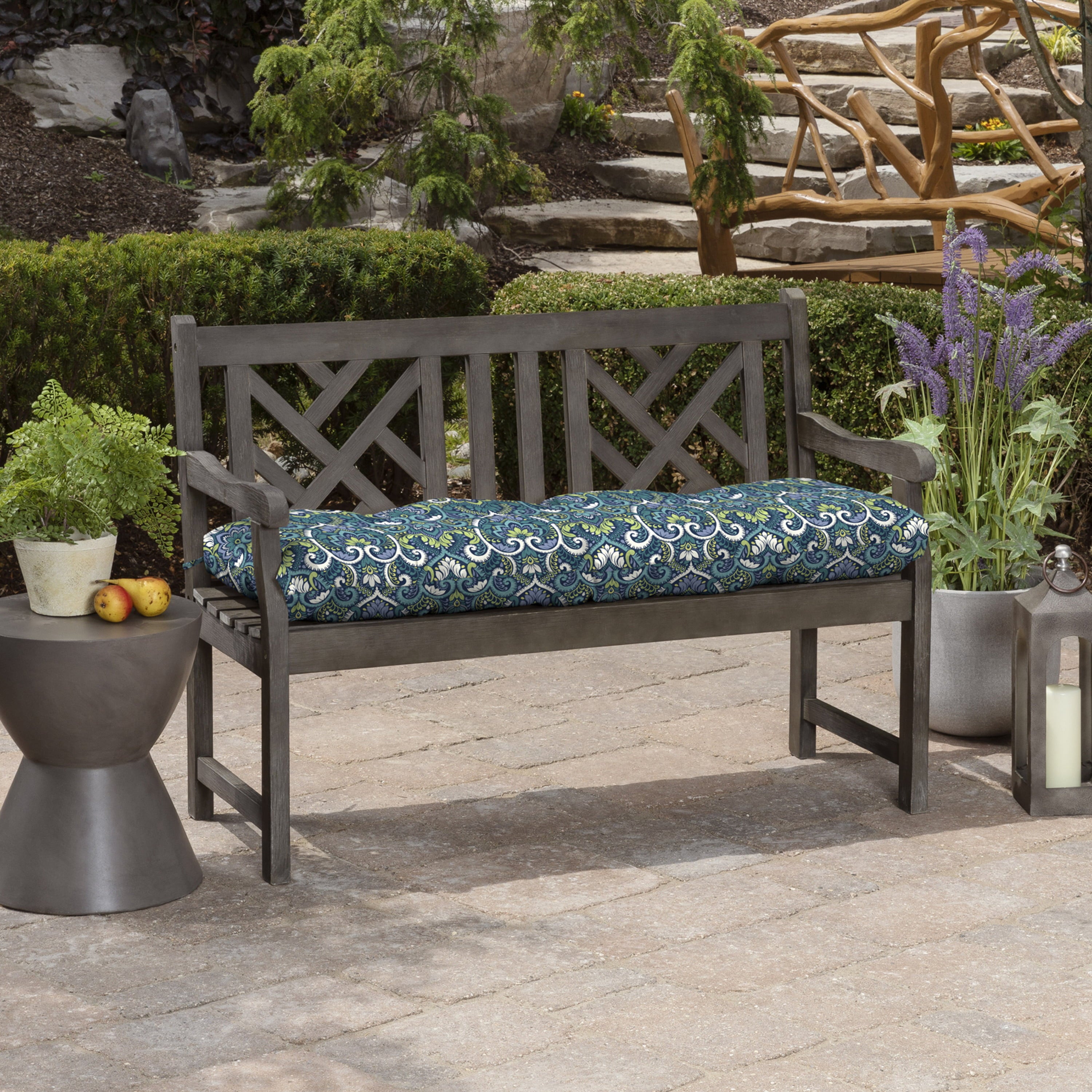 Arden Selections Outdoor Bench Cushion 18 x 48， Sapphire Aurora Blue Damask