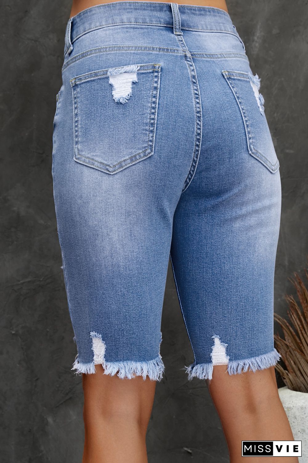 Sky Blue Ripped Tassel Bermuda Jean Shorts