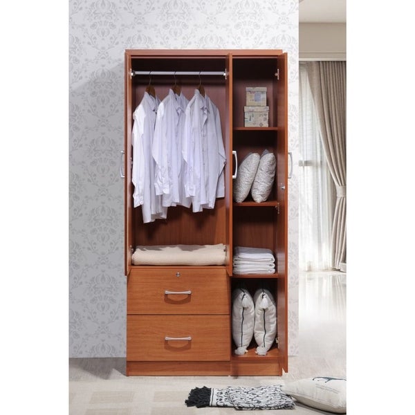 Hodedah Import 3 Door Armoire with Clothing Rod， Shelves， and 2 Drawers， Cherry - - 37191655