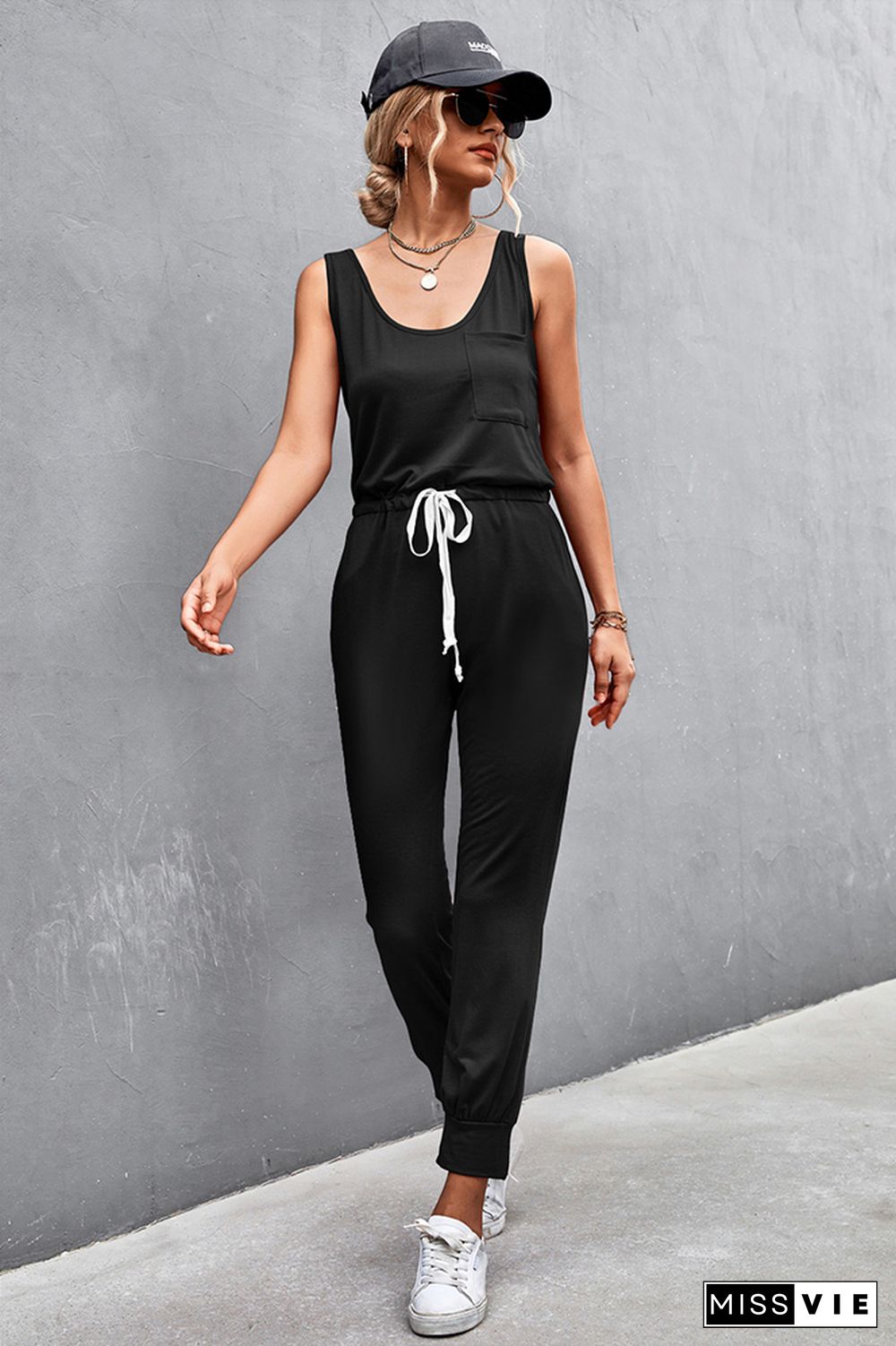 Strap U Neck Sleeveless Drawstring Waist Jumpsuit Wholesale