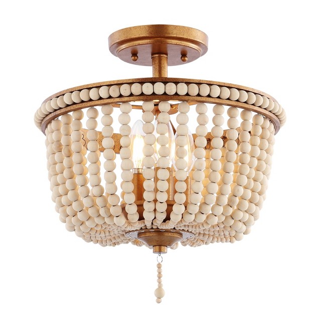 Led 3 light Allie Wood Bead iron Pendant Antique Gold taupe Jonathan Y