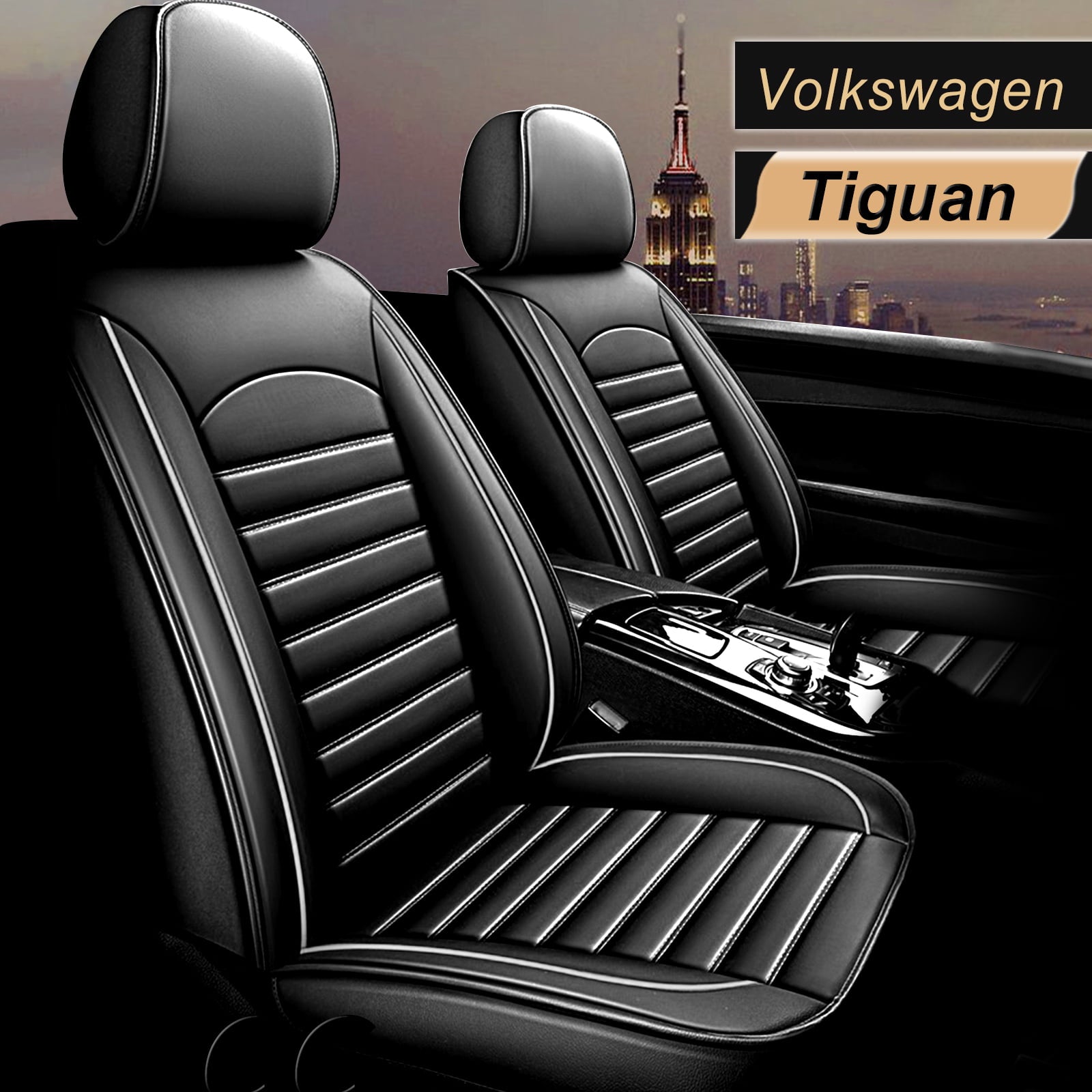 AOMSAZTO Fit Volkswagen Tiguan 2009-2021 Black and White Car seat Cover 5-seat Faux Leather Full Set Compatible Airbag