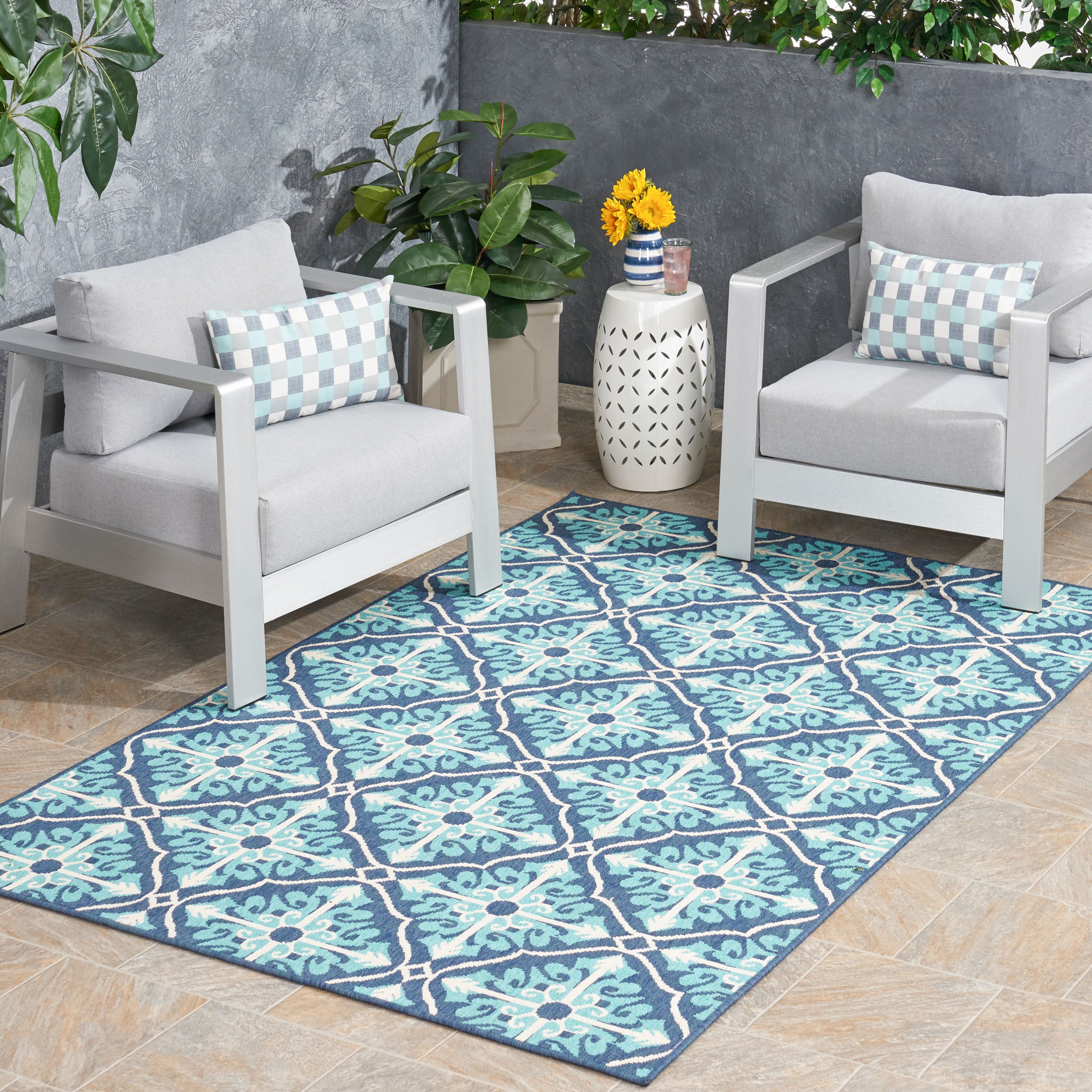 Jamia Outdoor Trellis Area Rug, Navy and Blue