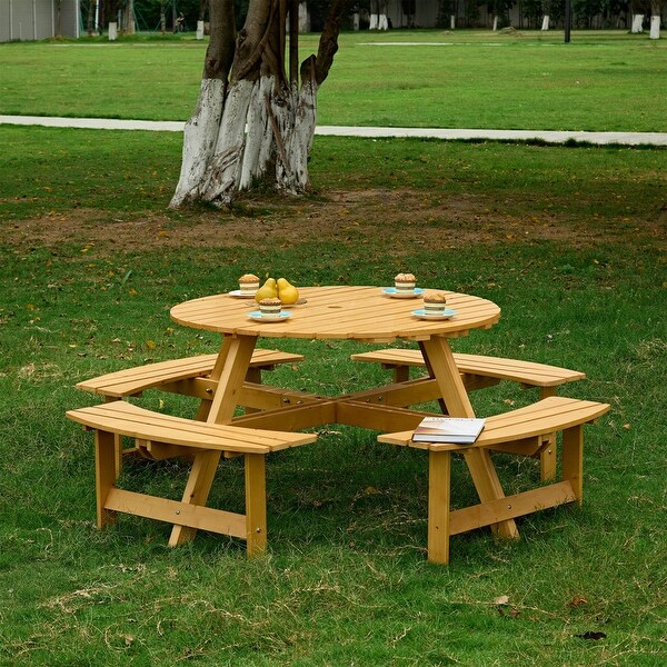 8 Person Wood Picnic Table，Outdoor Round Picnic Table with 4 Builtin Benches，Umbrella Hole，Outside Table and Bench Set