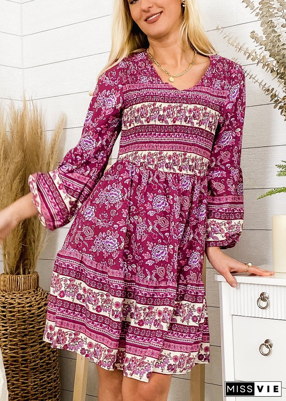 V Neck Bohemian Print Dress