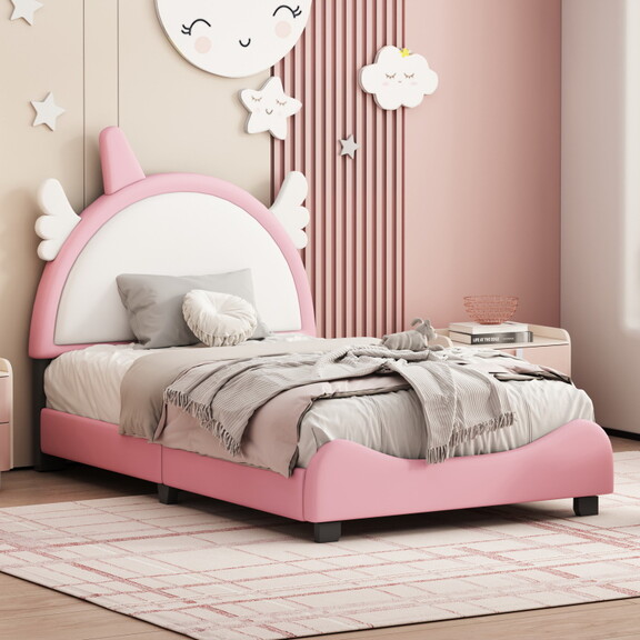 Twin Size Upholstered Platform Bed with Bear shape...