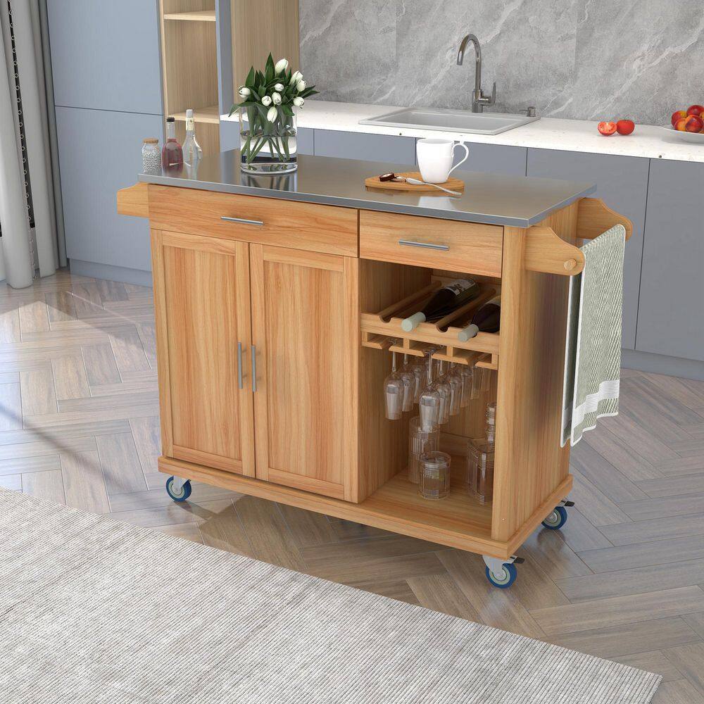 51 in. W Brown MDF Stainless Steel Top Kitchen Cart Kitchen Island on Wheels with 2-Drawers and Goblet Holder wykkisland06