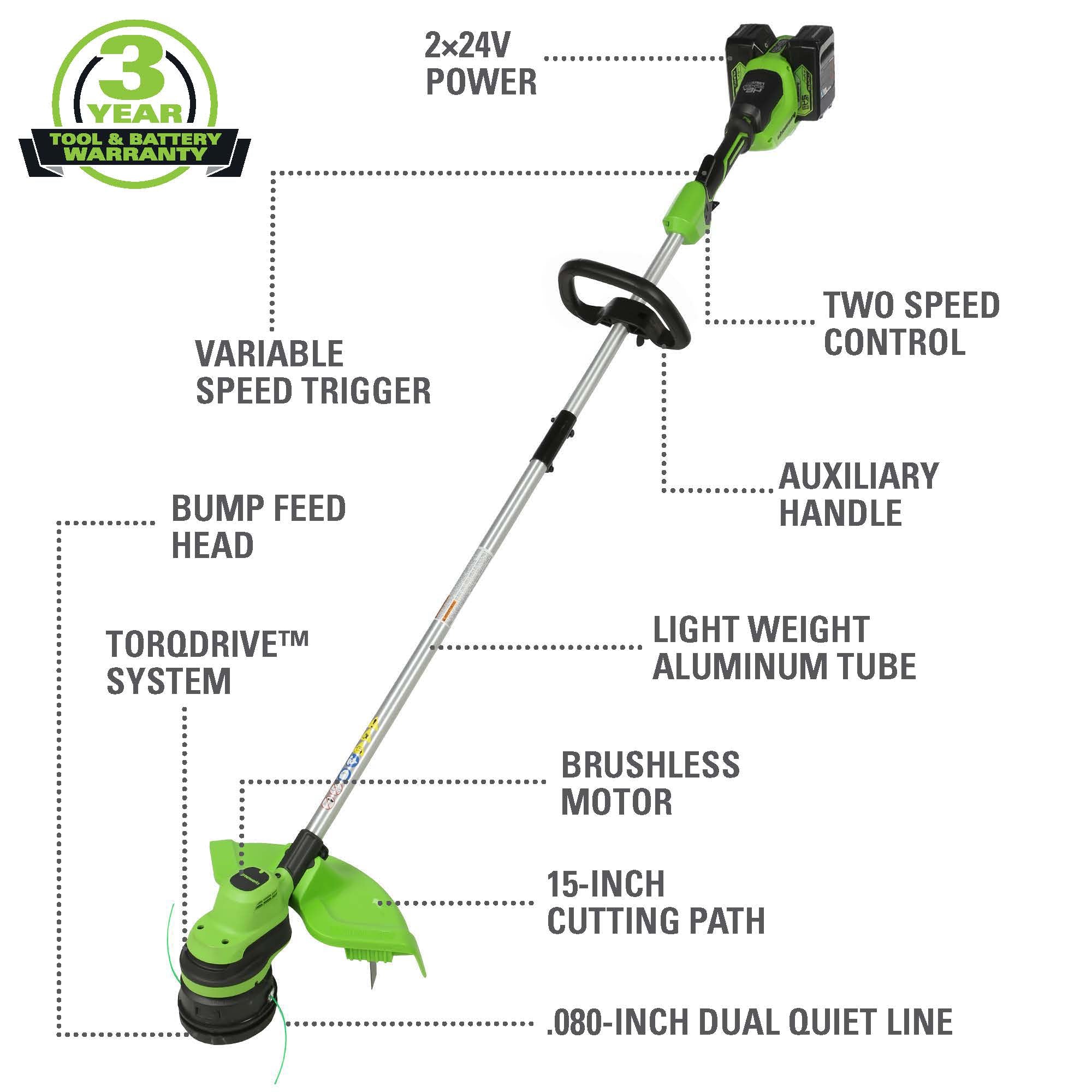 48V 15-Inch Cordless String Trimmer | Greenworks Tools