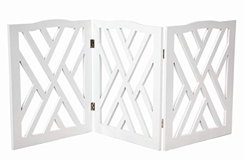 KOVOT Wood Freestanding Foldable Adjustable 3-Section Pet Gate with White Lines Design | Measures 19