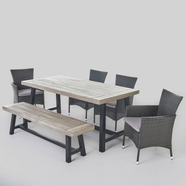 Linden 6pc Acacia Wood amp Wicker Patio Dining Set Gray Christopher Knight Home