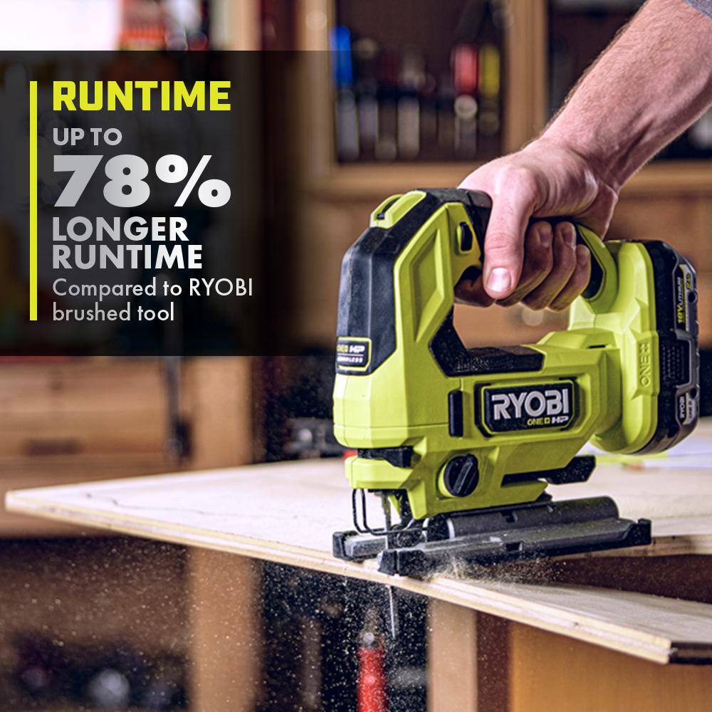 RYOBI ONE+ HP 18V Brushless Cordless Jig Saw (Tool Only) with All Purpose Jig Saw Blade Set (10-Piece) PBLJS01B-A14AK101