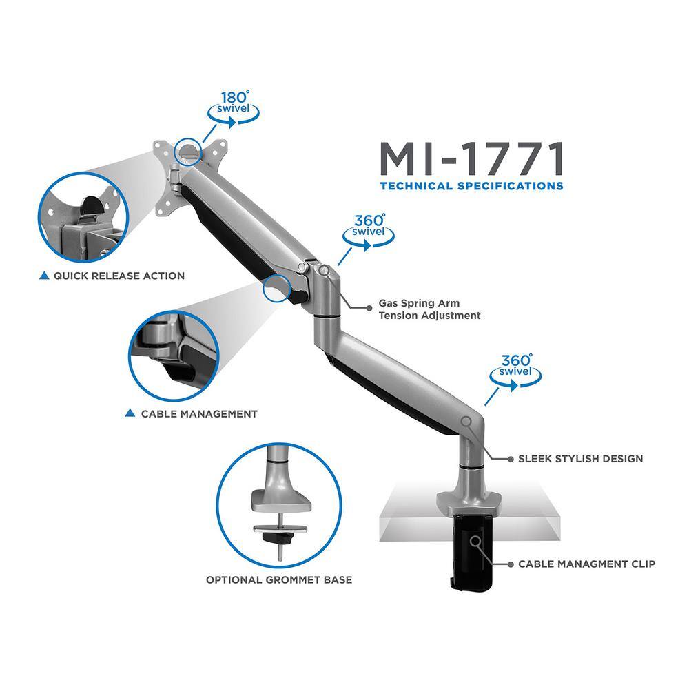 mount-it! Single Monitor Mount with Gas Spring Arm for 13 in. to 32 in. Screens Silver MI-1771S