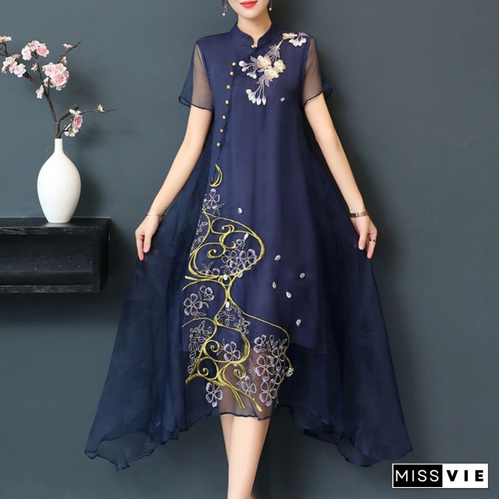 New Qipao Women Long Cheongsams Dress Chinese Traditional Dress Plus Size Summer Flowers Vintage Dress Oriental Robes