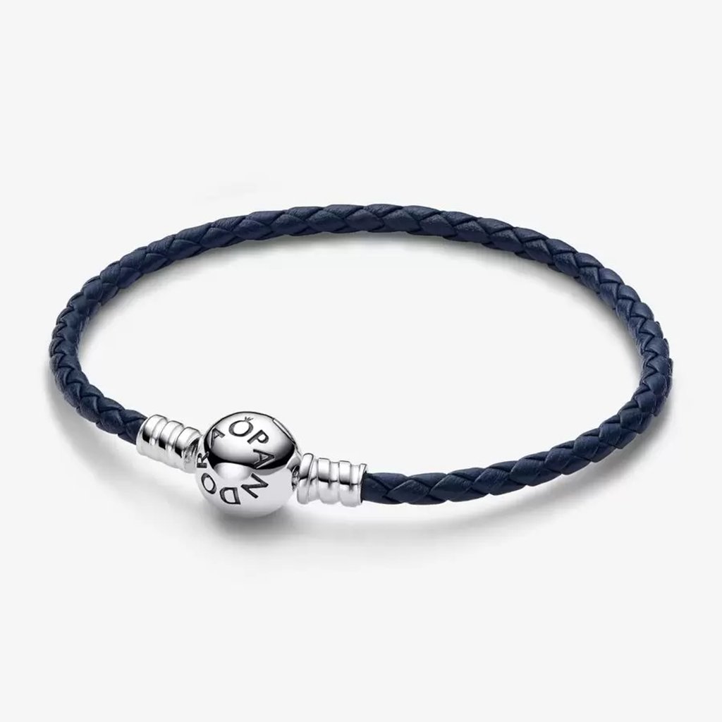 PANDORA  Pandora Moments Round Clasp Blue Braided Leather Bracelet